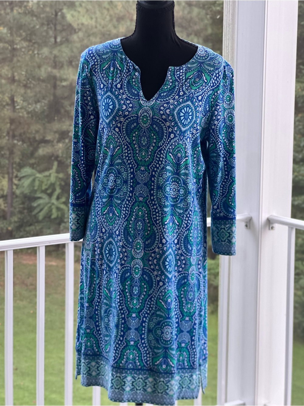 Coolibar Oceanside Tunic Dress UPF 50 Blue Green Medallion Boho Small Coverup